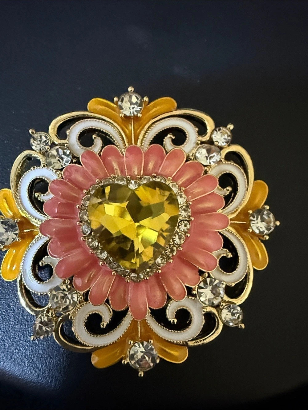 Floral Heart Brooch in Gold & Pink
